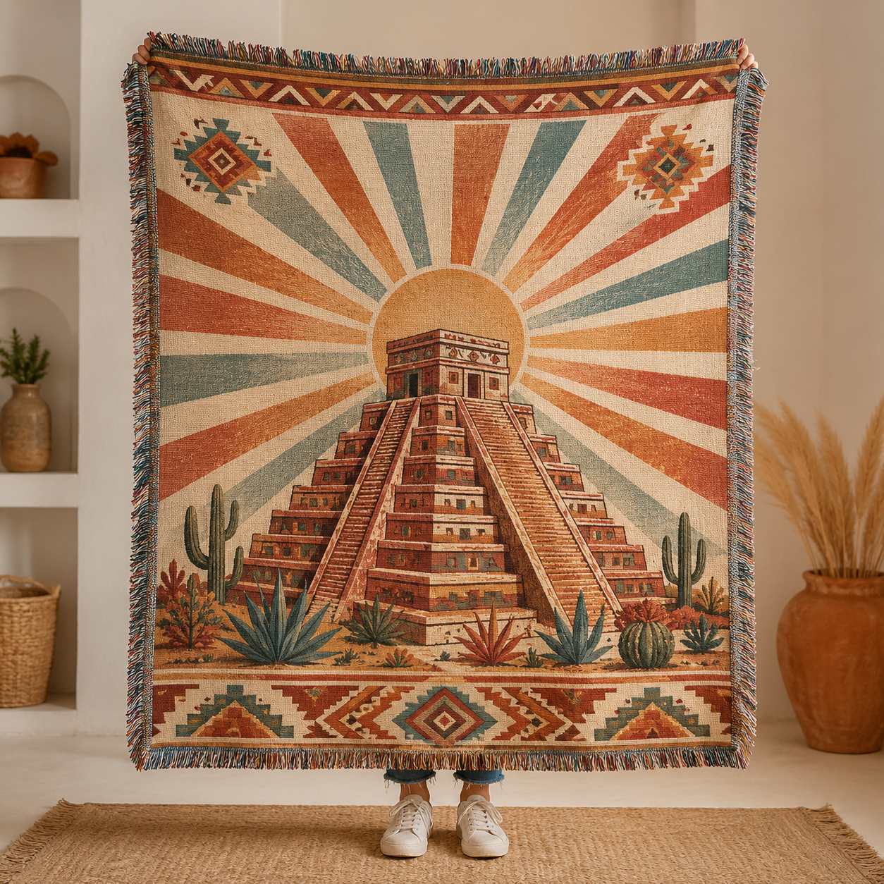 Southwestern sunrise temple woven blanket shown full front with fringe