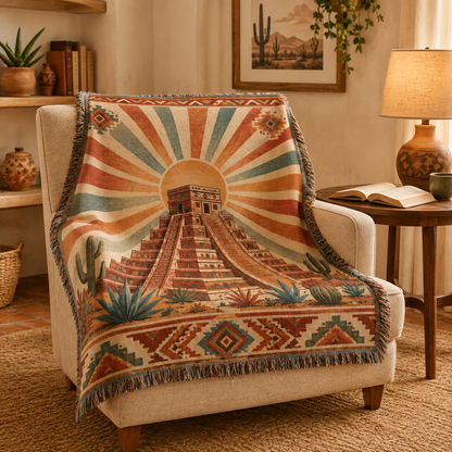 Southwestern sunrise temple woven blanket displayed on a cozy reading chair