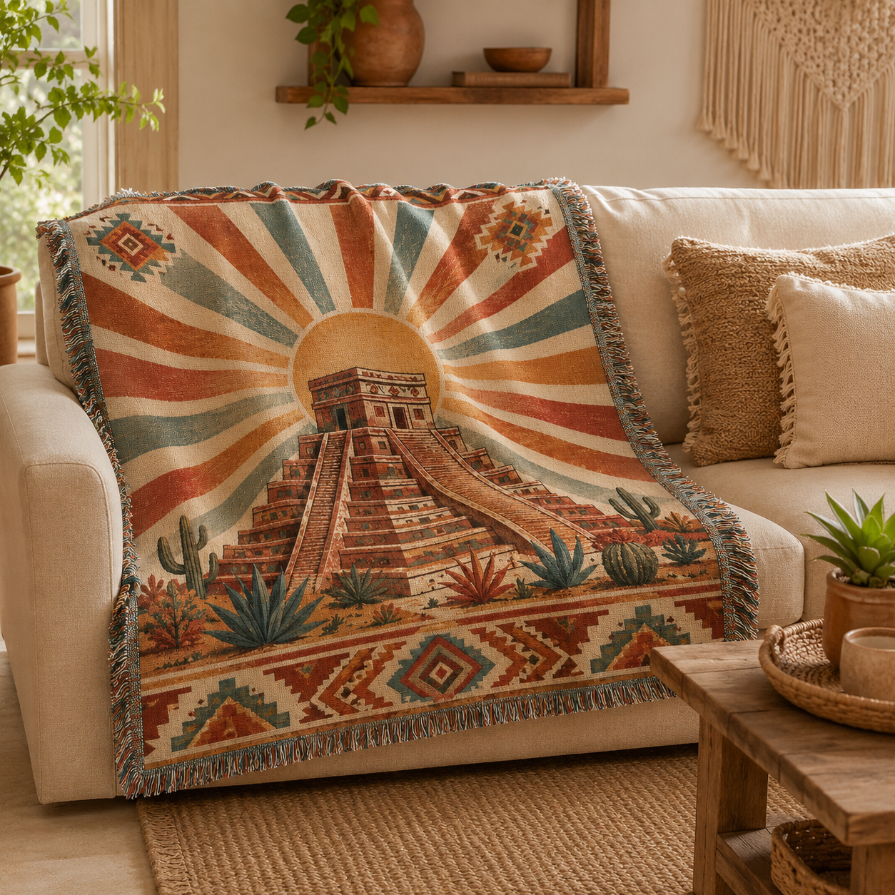 Southwestern sunrise temple woven blanket draped over a cream sofa