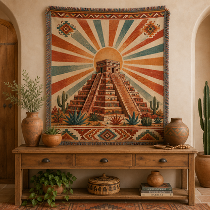 Southwestern sunrise temple woven blanket displayed as textile wall art