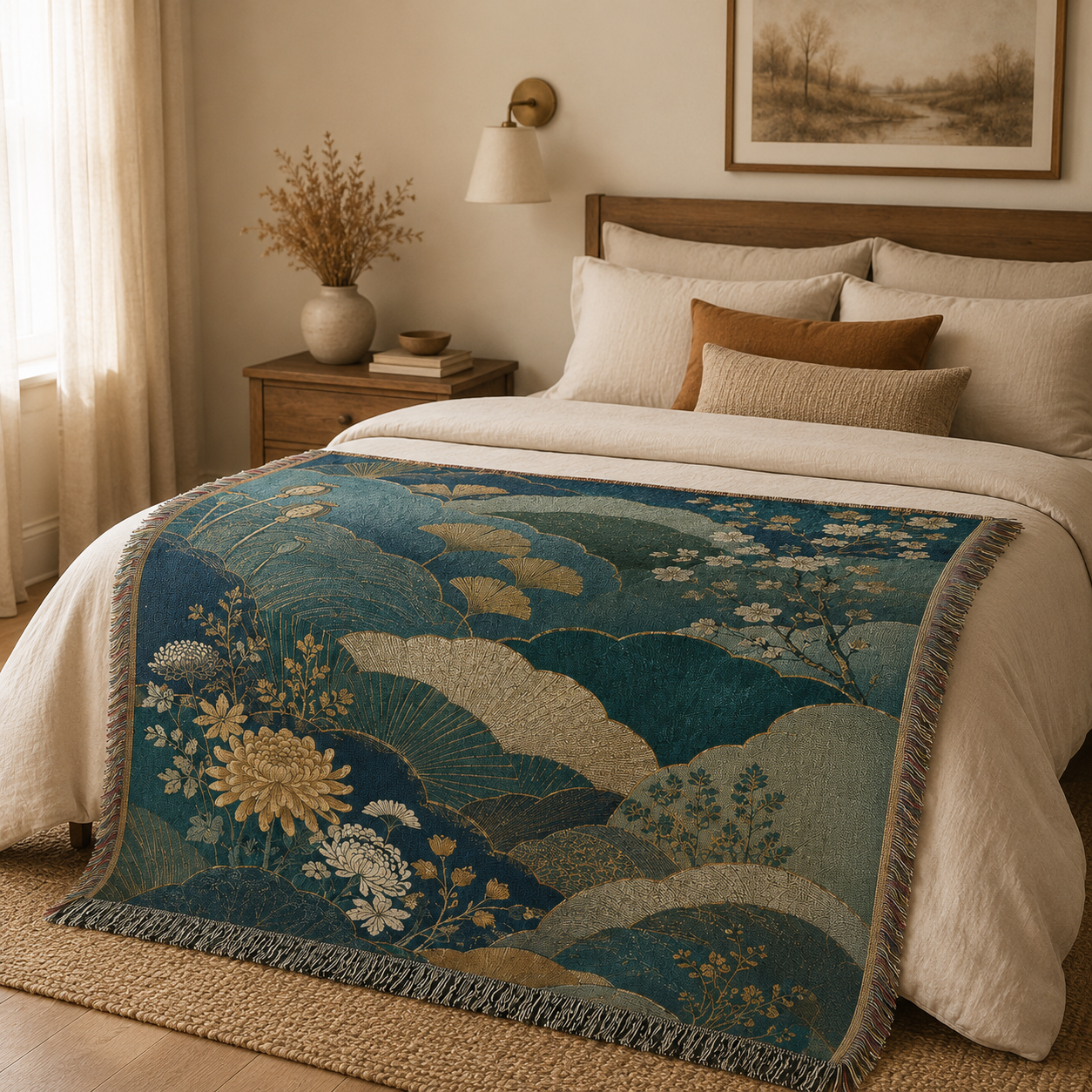 Teal and gold floral woven blanket displayed across a neutral bed