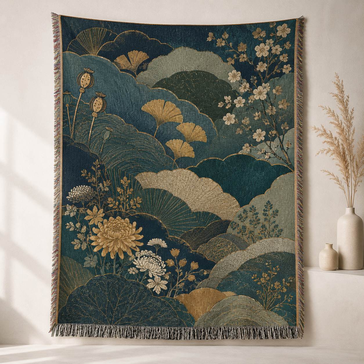 Teal and gold botanical woven blanket with ginkgo leaves and chrysanthemum flowers