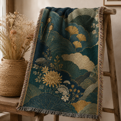 Teal and gold woven botanical blanket draped over a rustic wooden ladder
