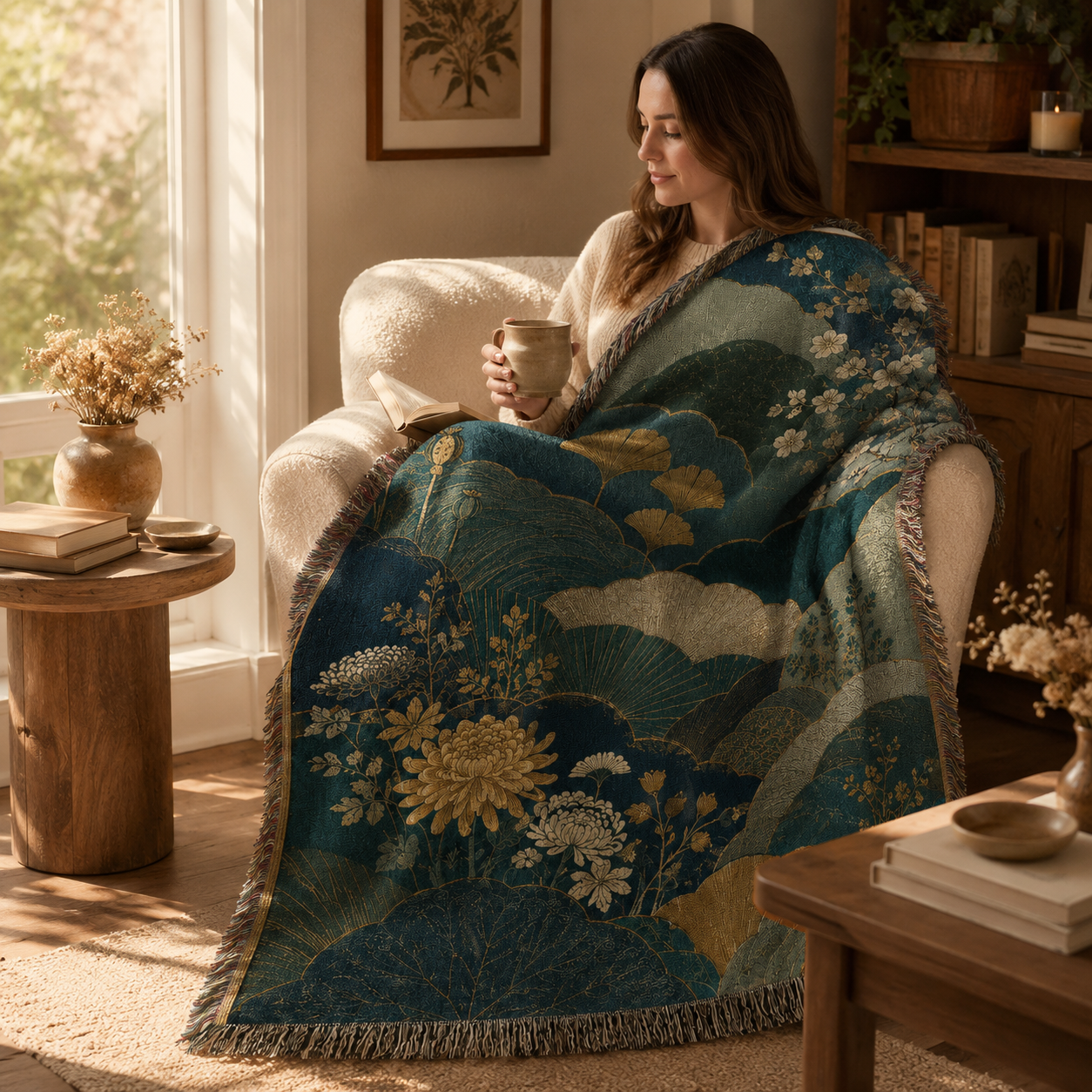 Woman relaxing with a teal botanical woven blanket in a cozy reading nook