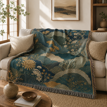 Teal botanical woven blanket styled on a neutral living room sofa