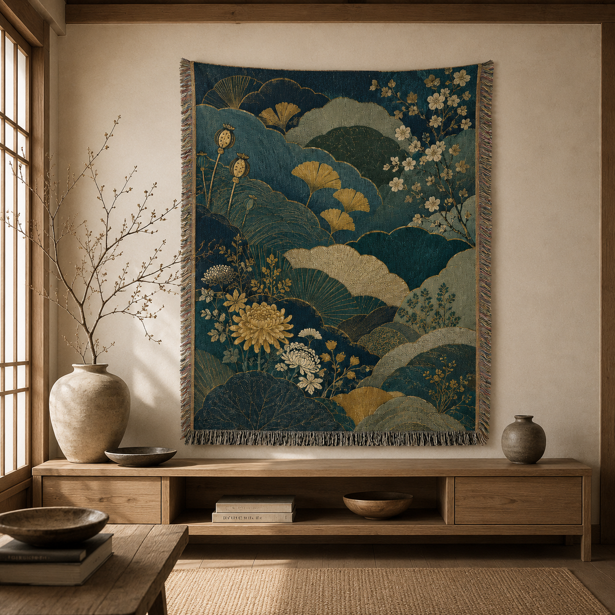 Teal botanical woven blanket displayed as decorative wall art