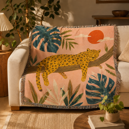 Tropical jaguar woven blanket styled on a cozy sofa