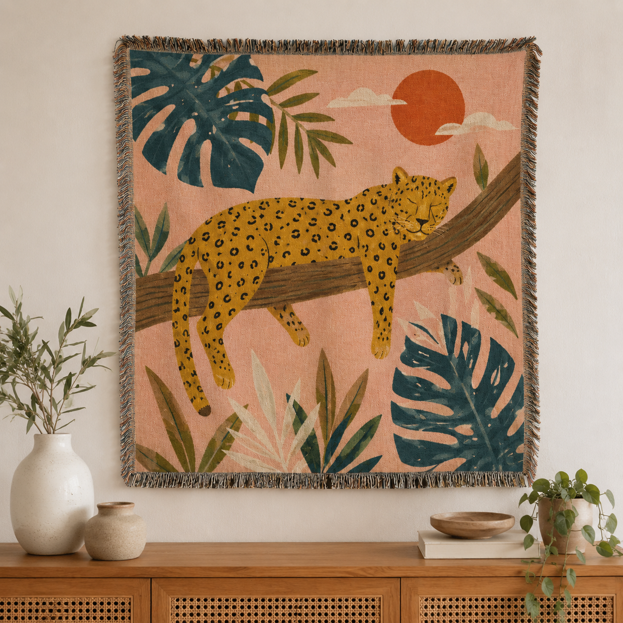 Tropical jaguar woven blanket displayed as wall decor