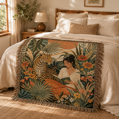 Tropical jungle leopard woven blanket displayed in a sunlit neutral bedroom