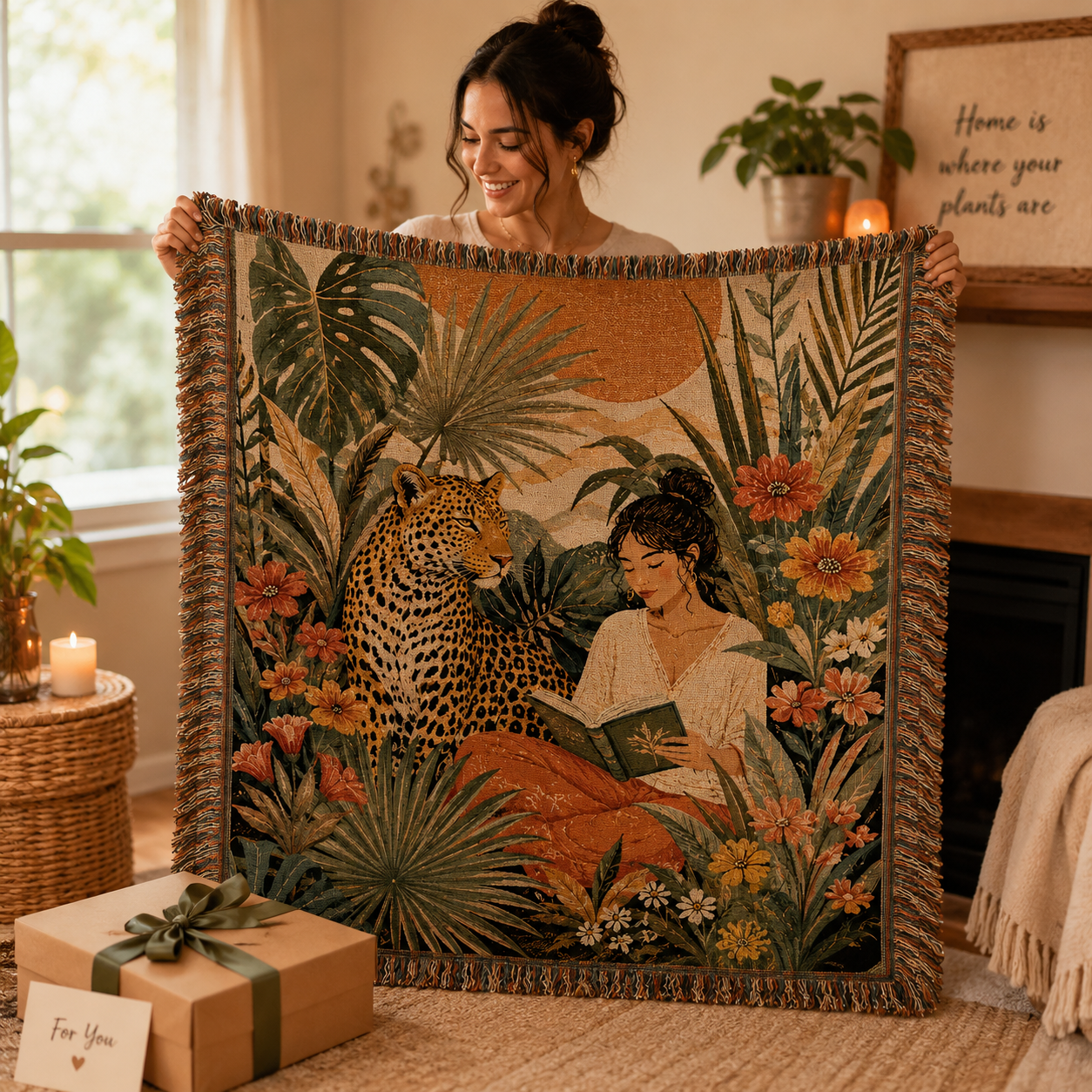 Woman holding a tropical leopard reader woven blanket beside a wrapped gift box