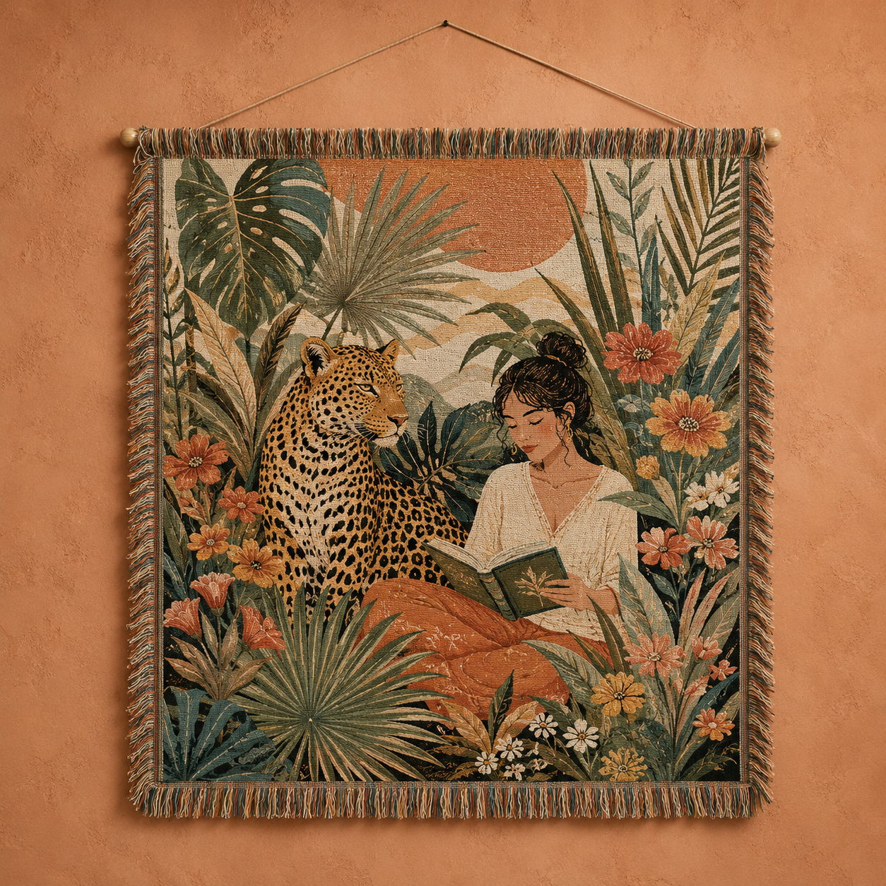 Tropical leopard reader woven blanket with botanical jungle artwork and fringe