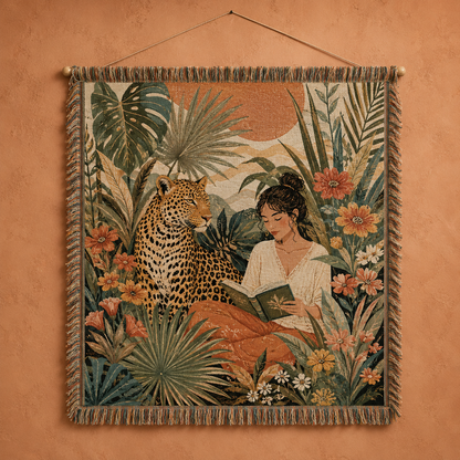 Tropical leopard reader woven blanket with botanical jungle artwork and fringe