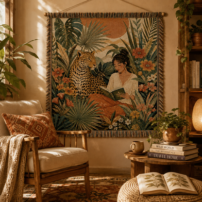 Tropical leopard reader woven blanket displayed in a warm botanical reading nook