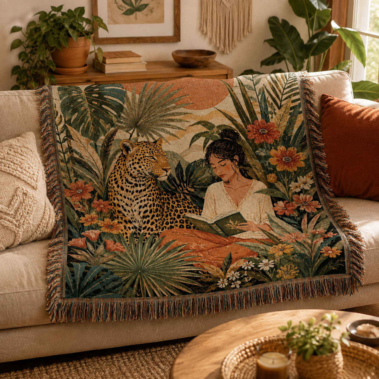 Tropical leopard reader woven blanket styled on a warm boho living room sofa