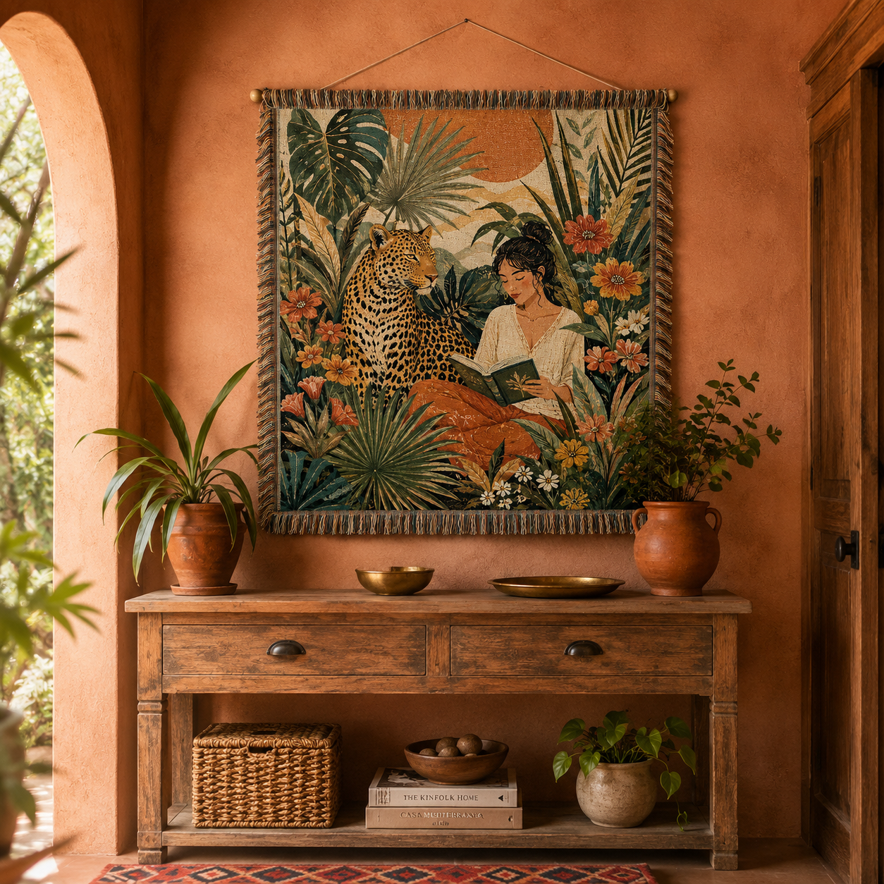 Tropical leopard and reader woven blanket displayed as wall tapestry in a terracotta entryway