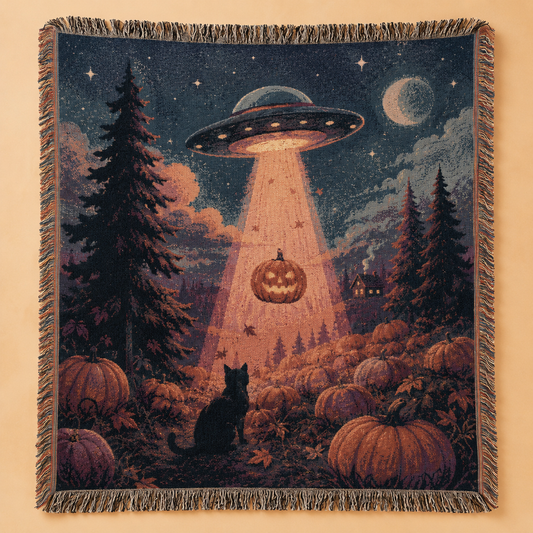 UFO pumpkin Halloween woven blanket with black cat pumpkin patch moon and fringe