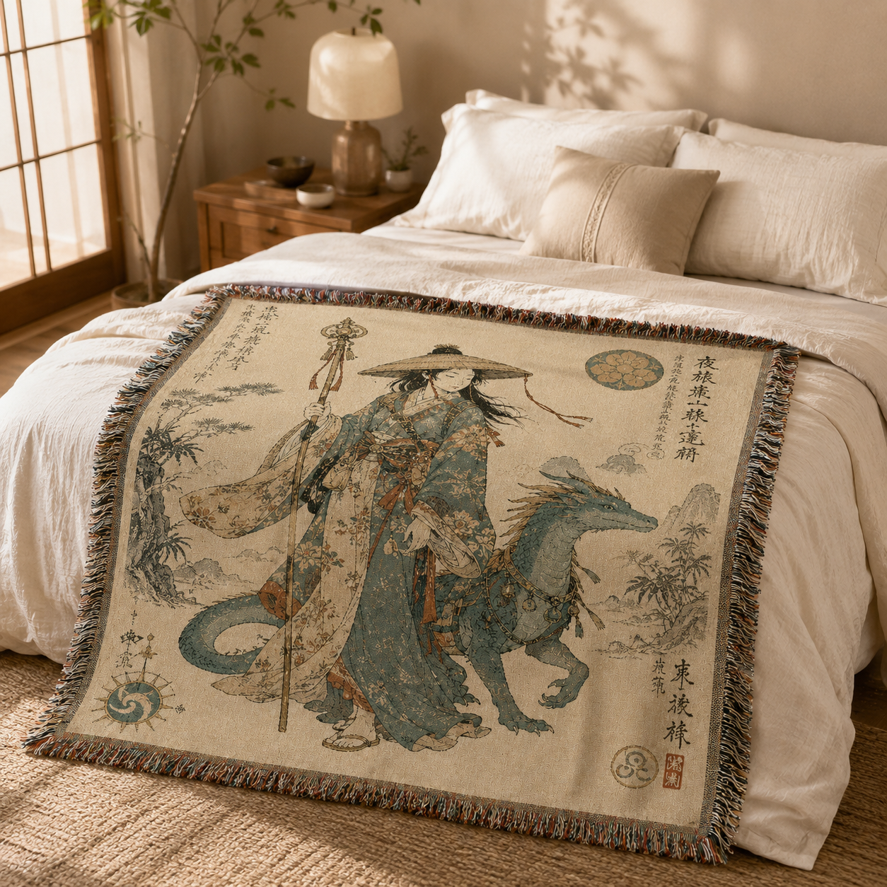 Dragon traveler woven blanket styled across a neutral bed in a peaceful Japanese inspired bedroom