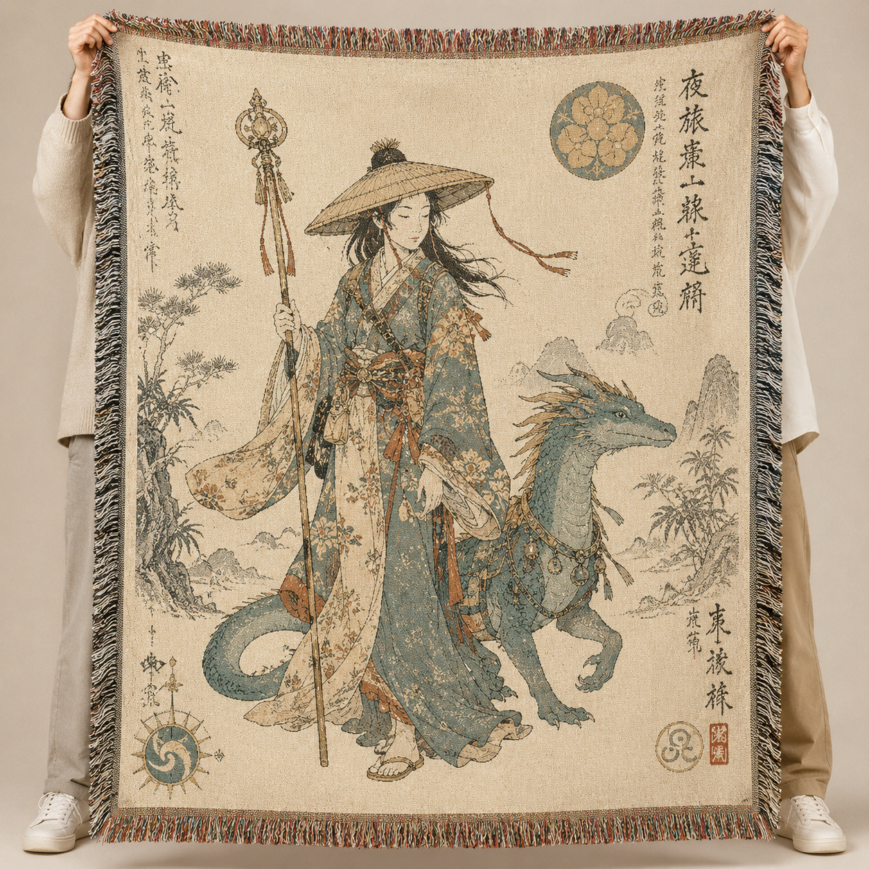 Ukiyo-e inspired woven blanket featuring a robed traveler with a blue dragon companion, mountain landscape and multicolor fringe