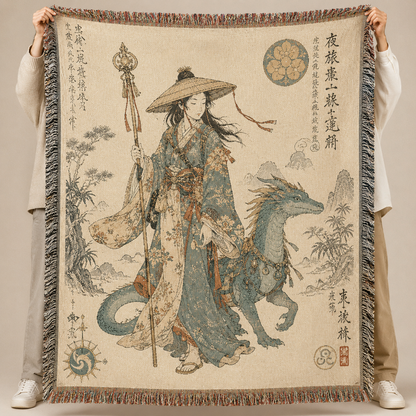 Ukiyo-e inspired woven blanket featuring a robed traveler with a blue dragon companion, mountain landscape and multicolor fringe