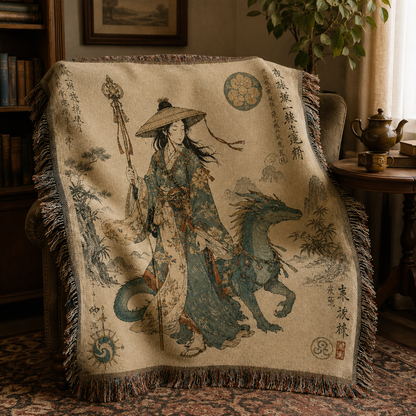 Dragon traveler woven blanket displayed on an armchair beside books and a tea set in a cozy reading nook