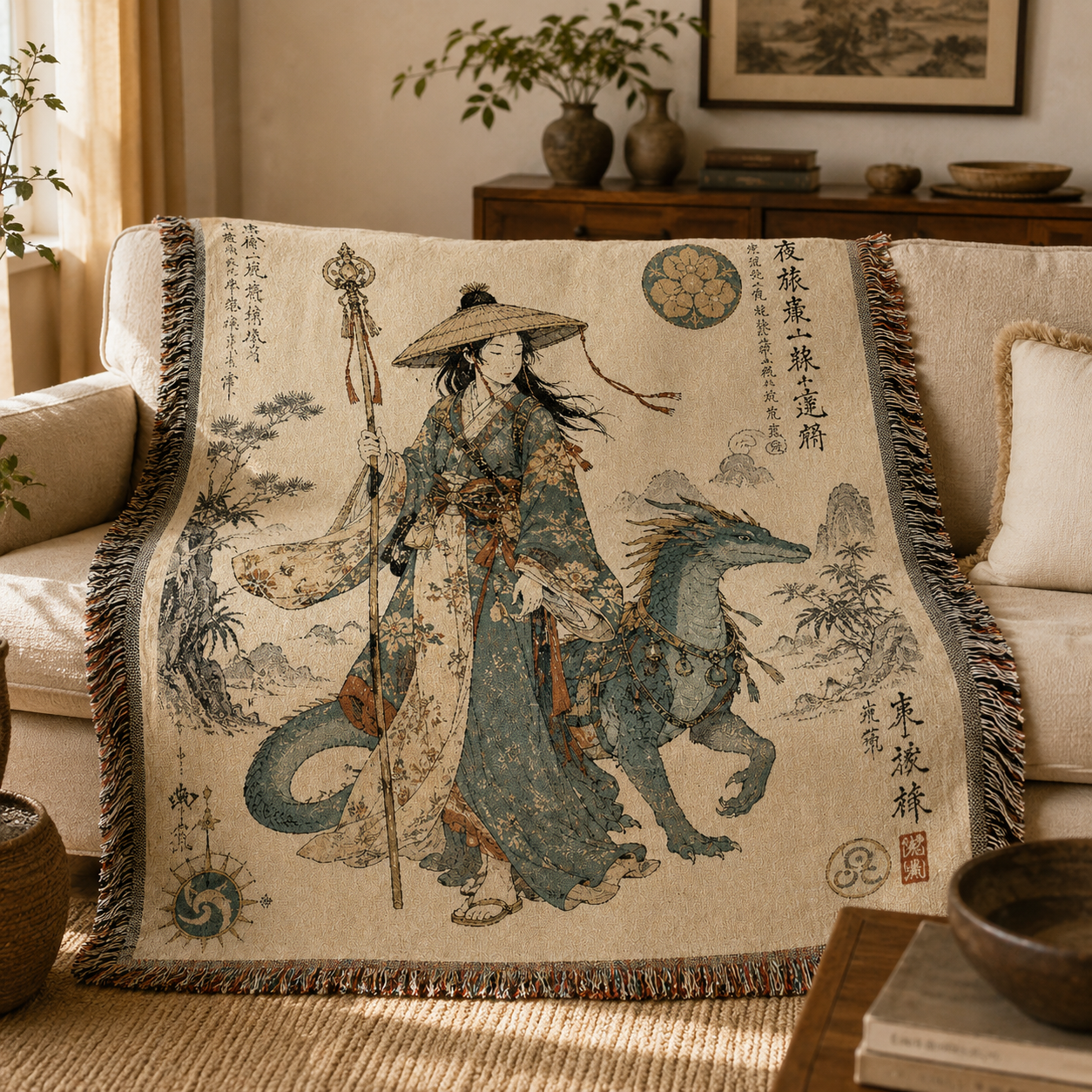 Dragon traveler woven blanket draped over a cream sofa in a warm East Asian inspired living room