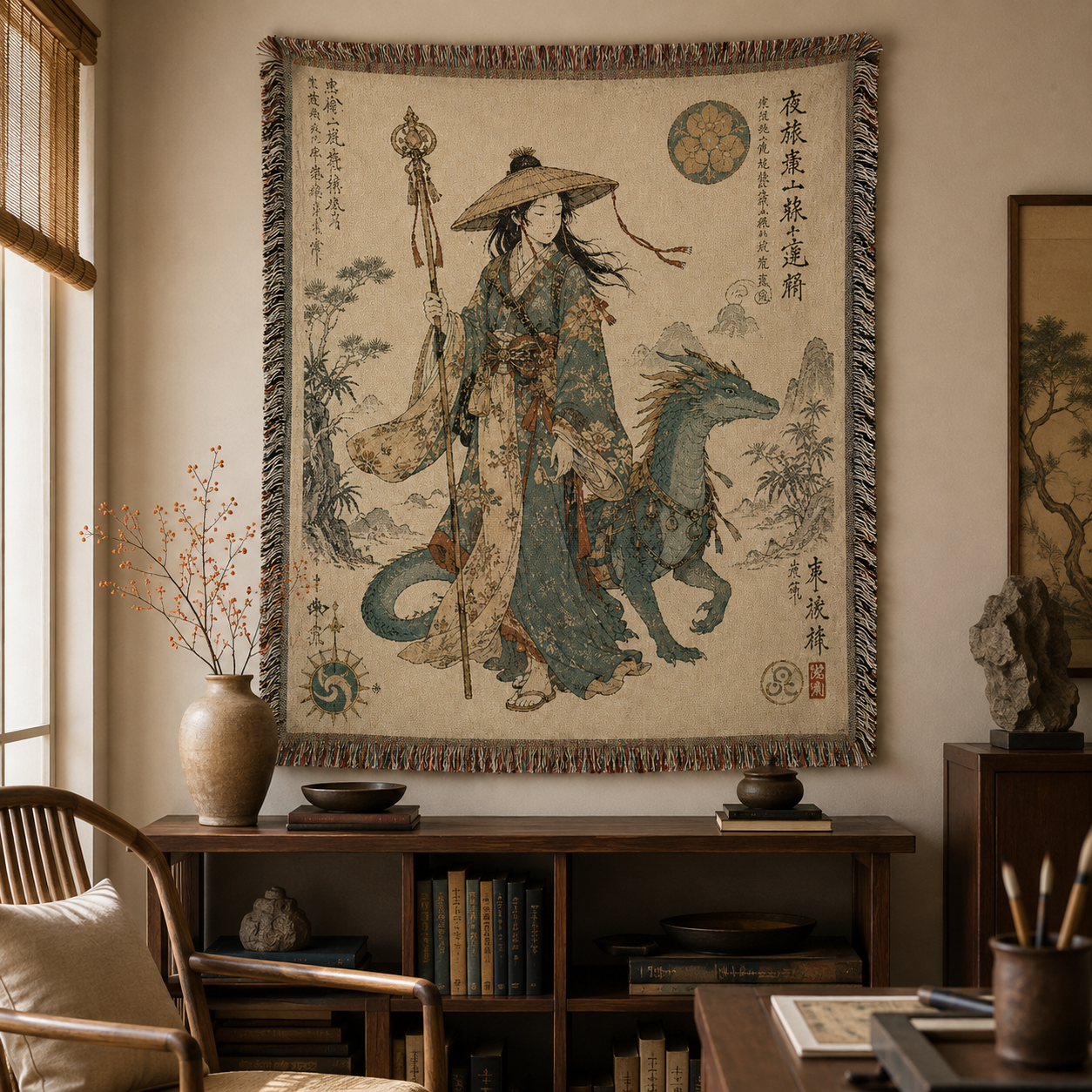 Dragon traveler woven blanket displayed as wall tapestry above a dark wood console in a warm study