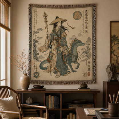 Dragon traveler woven blanket displayed as wall tapestry above a dark wood console in a warm study