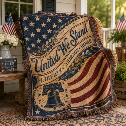 United We Stand patriotic woven blanket porch lifestyle image