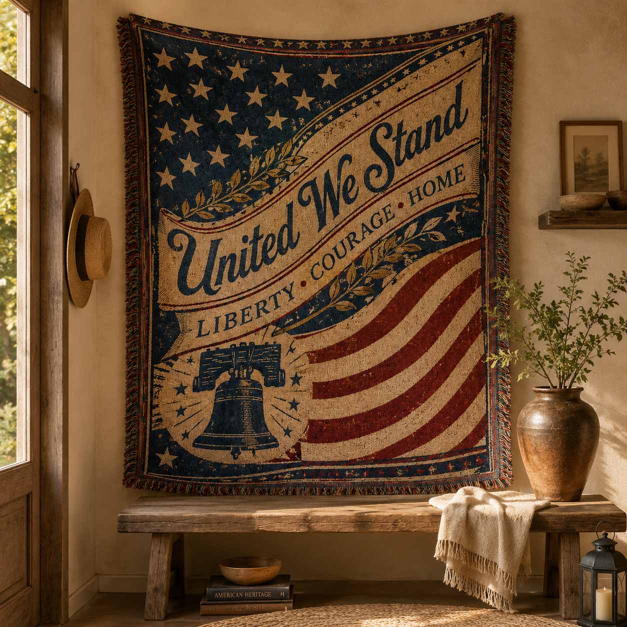 United We Stand patriotic woven blanket displayed as wall tapestry