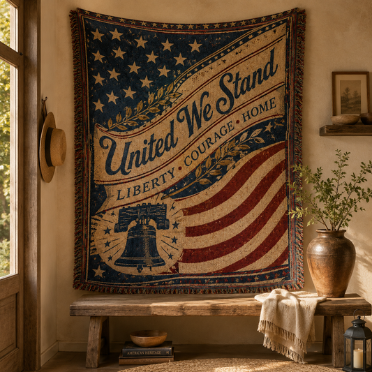 United We Stand patriotic woven blanket displayed as wall tapestry