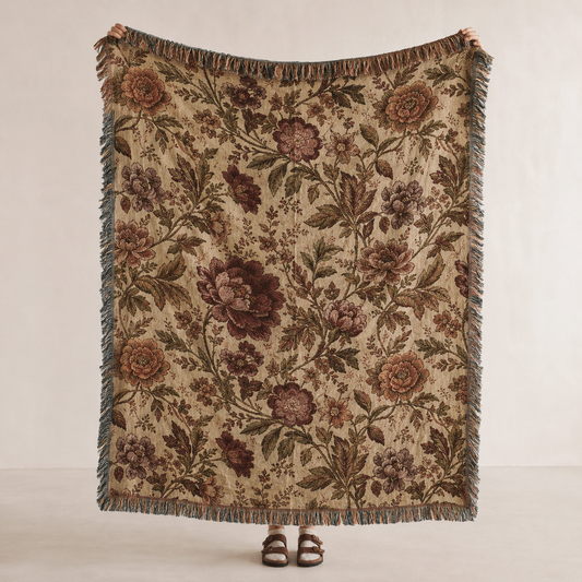 Vintage autumn garden woven blanket front display with burgundy and rust floral artwork
