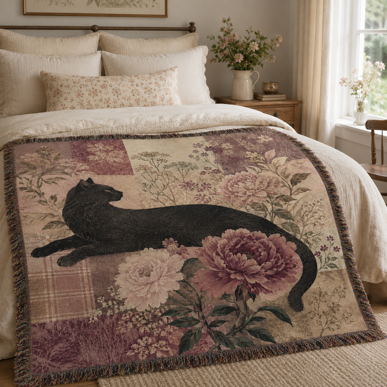 Black cat floral woven blanket displayed across a warm vintage bedroom