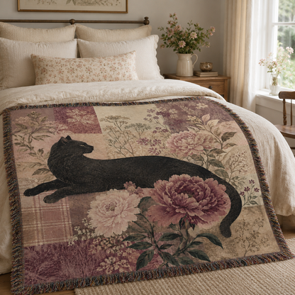 Black cat floral woven blanket displayed across a warm vintage bedroom