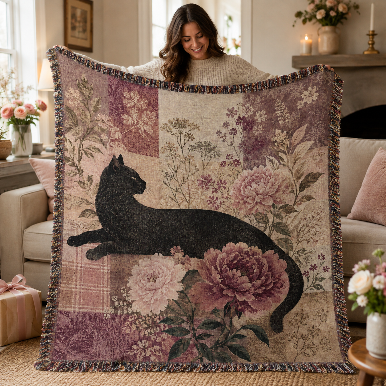 Woman holding a black cat floral woven blanket as a cozy gift for a cat lover