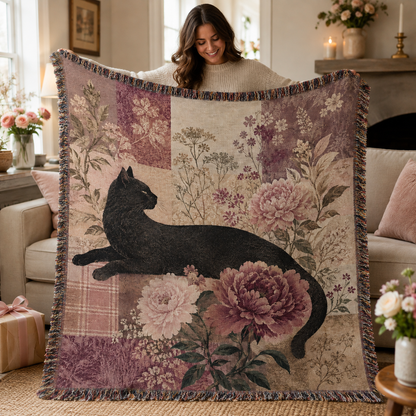 Woman holding a black cat floral woven blanket as a cozy gift for a cat lover