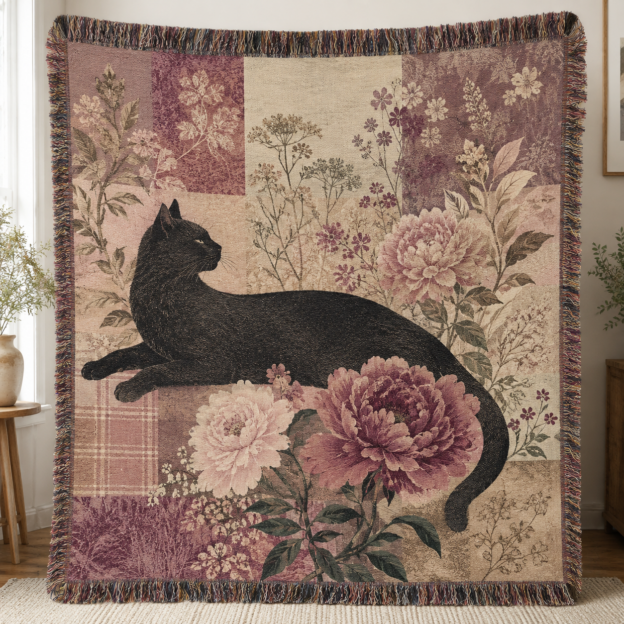 Vintage black cat floral patchwork woven blanket with pink peonies and fringe
