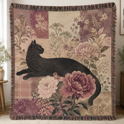 Vintage black cat floral patchwork woven blanket with pink peonies and fringe