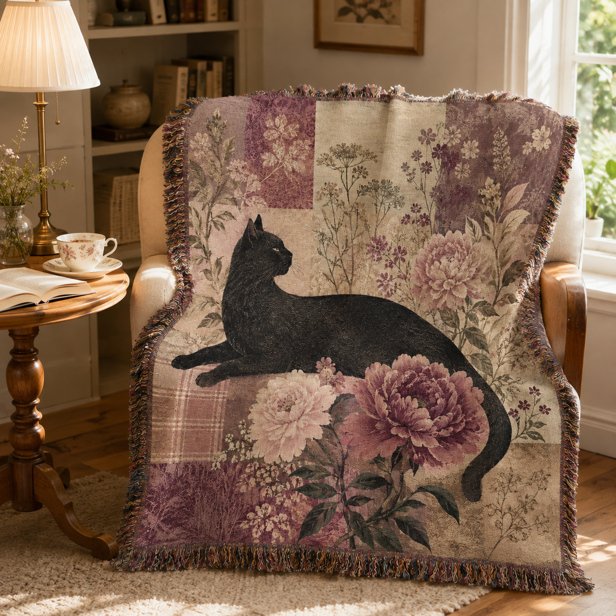 Black cat floral woven blanket arranged in a cozy reading nook with warm light