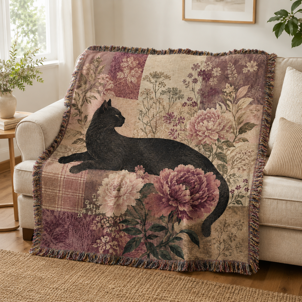 Black cat floral woven blanket styled on a cozy neutral living room sofa
