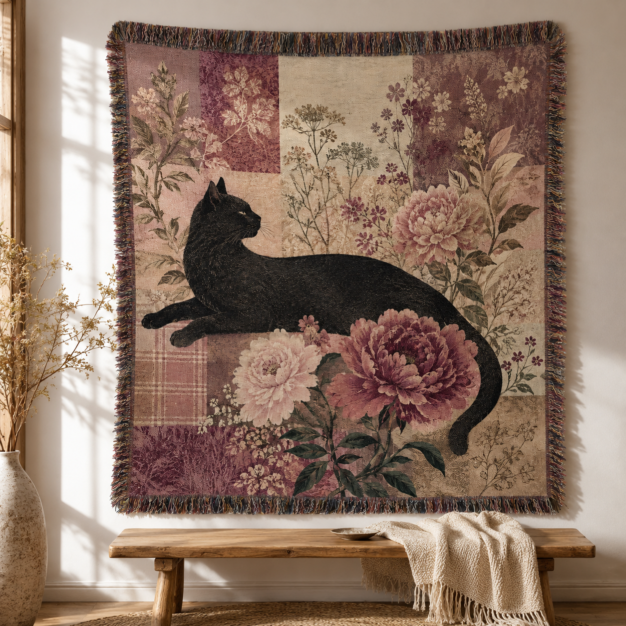 Black cat floral woven blanket displayed as sunlit botanical wall tapestry decor