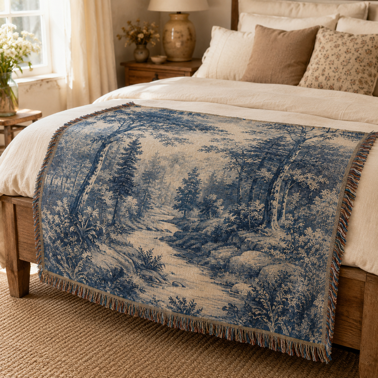 Blue woodland woven blanket displayed across a warm cottage bedroom