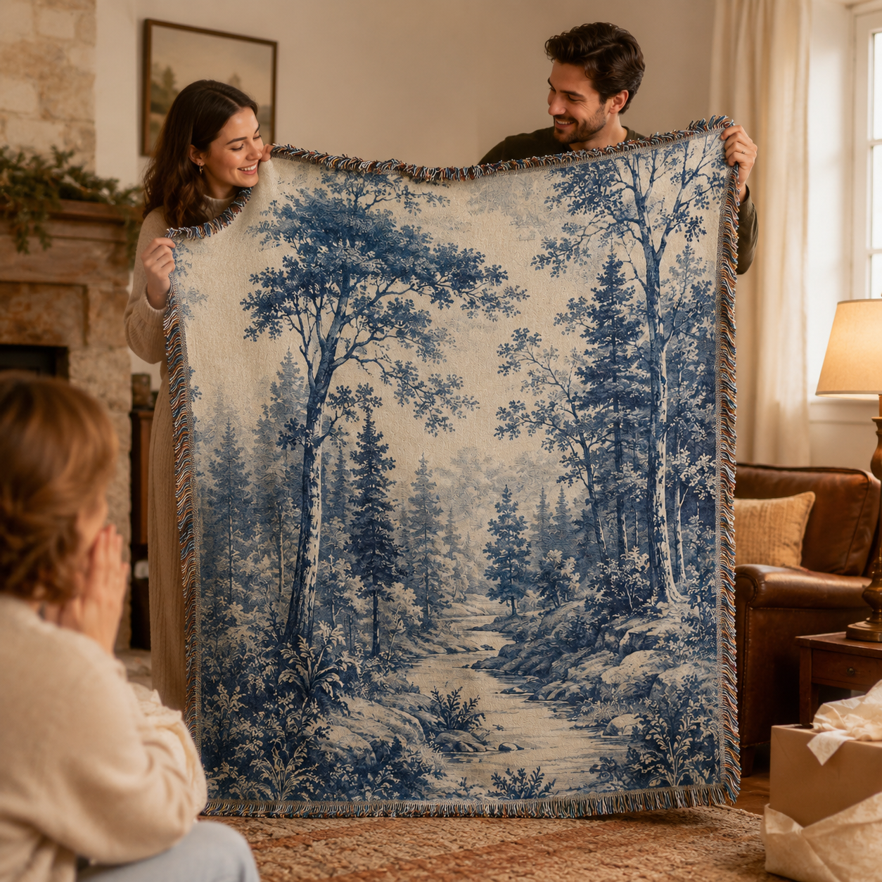 Couple presenting a blue forest woven blanket as a meaningful home gift