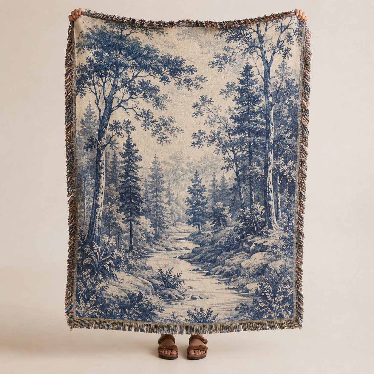 Vintage blue forest woven blanket with creek and multicolor fringe