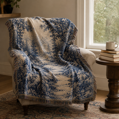 Blue forest tapestry throw draped over a cozy reading chair by the window