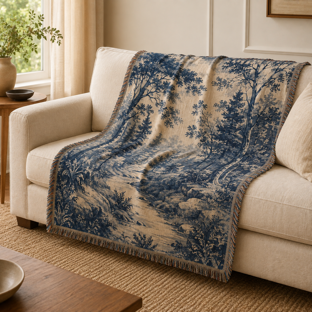 Blue forest creek woven blanket styled on a cream living room sofa