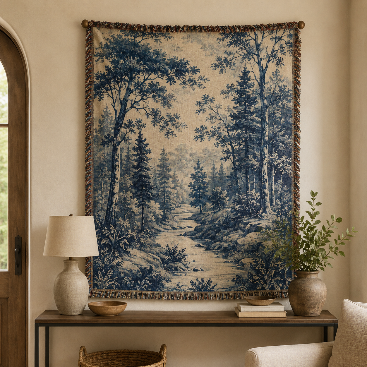 Vintage blue forest woven blanket displayed as wall tapestry decor