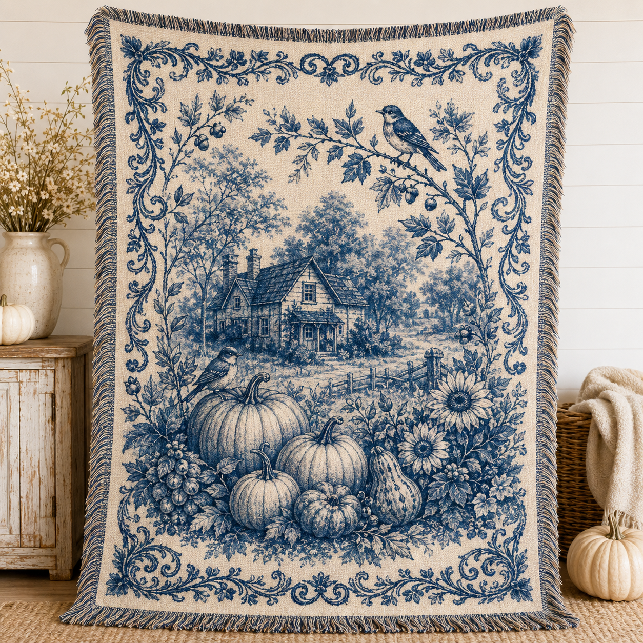 Vintage blue harvest cottage woven blanket with pumpkins, farmhouse, birds and floral toile border