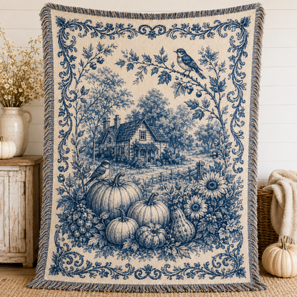 Vintage blue harvest cottage woven blanket with pumpkins, farmhouse, birds and floral toile border