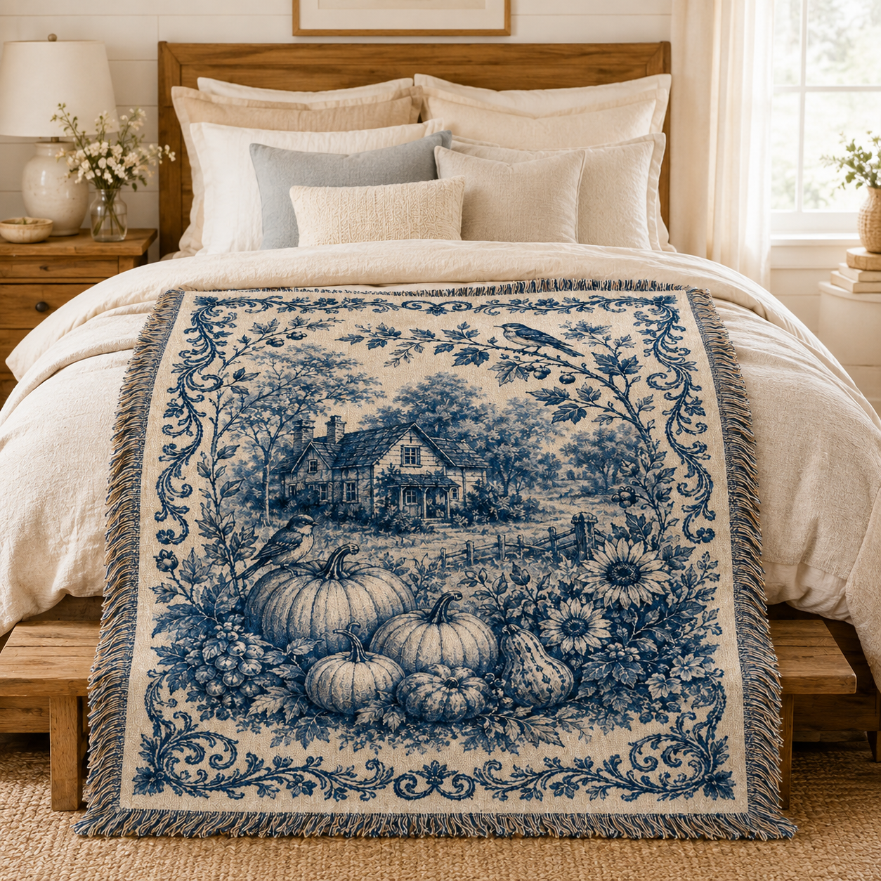 Vintage blue harvest woven blanket displayed across a warm rustic farmhouse bedroom