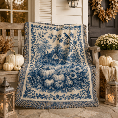 Vintage blue harvest woven blanket folded with ribbon as an autumn housewarming gift